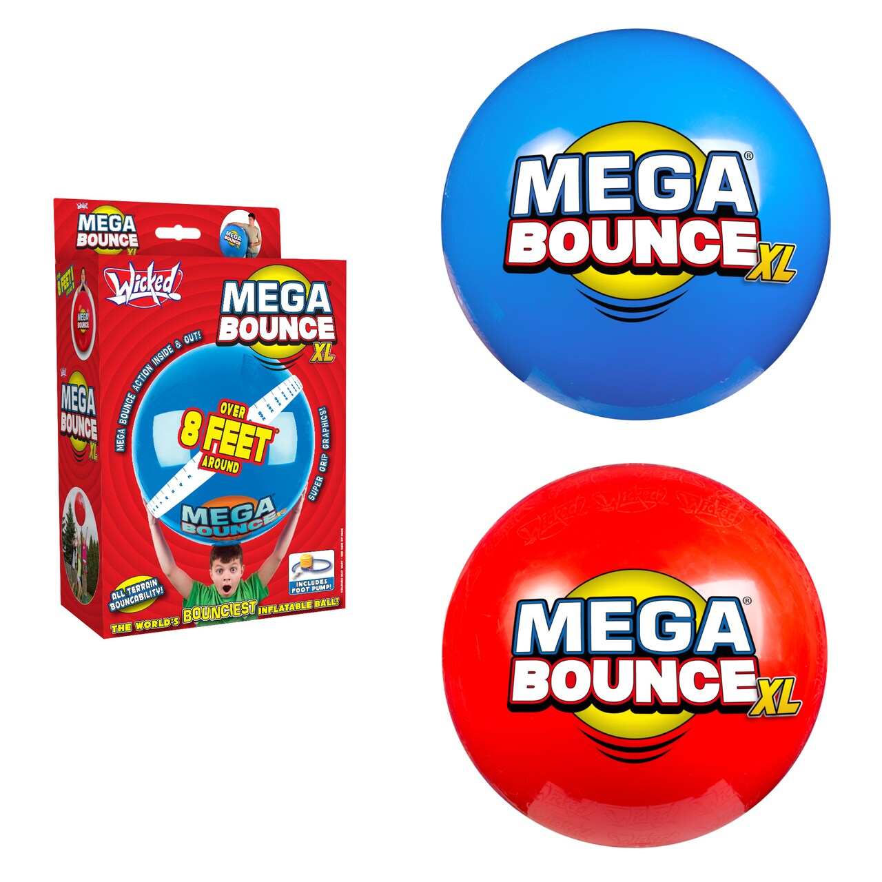 Wicked Mega Bounce XL - The World's Bounciest Inflatable Ball! Extra Large Bounce Ball For All Terrain Bounceability! Super Grip Graphics Outdoor Exercise Ball To Catch Easily. Blue or Red